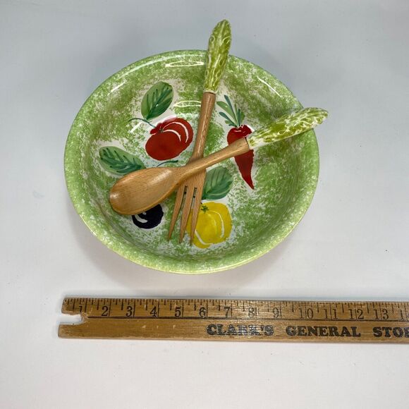 Large Ceramic Salad Pasta Vegetable Bowl Made in Italy Spoon & Fork Set Green - Picture 2 of 11